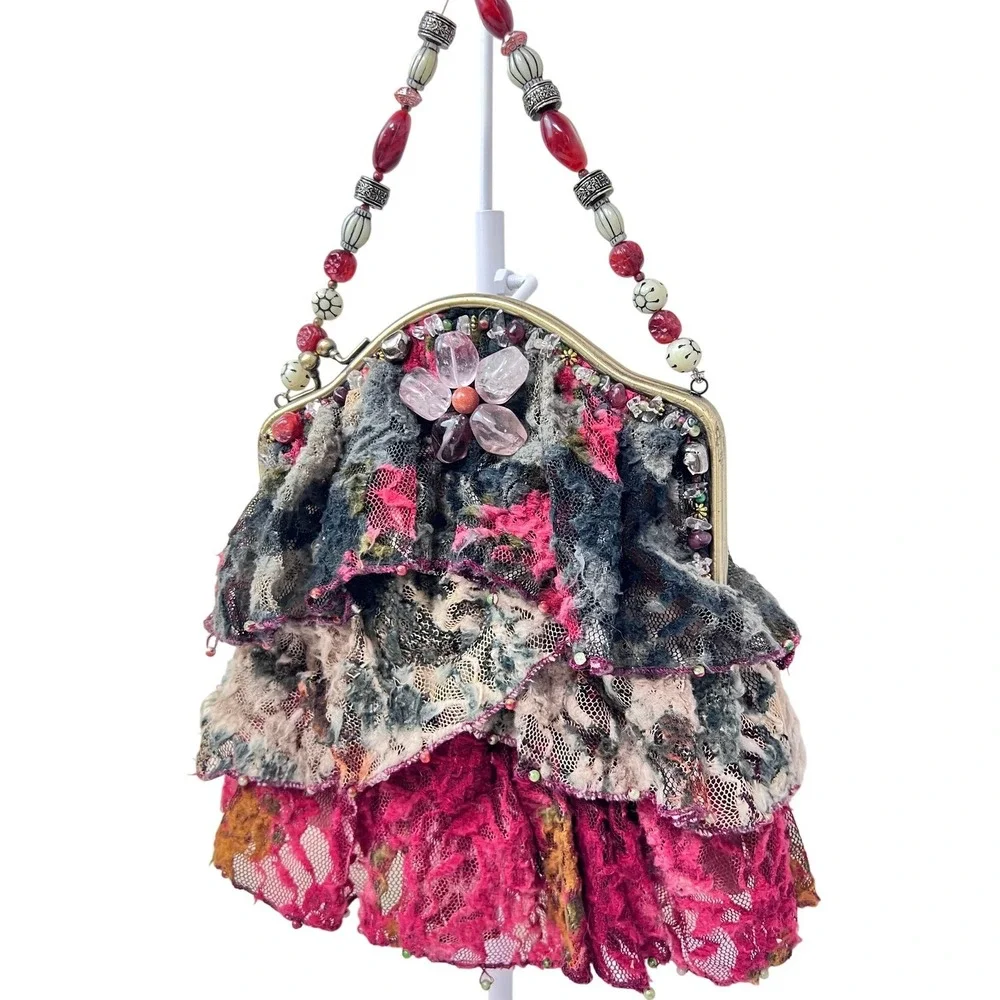 Mary Frances Beaded Lace Handbag Womens Small Pink Excellent Boho Evening Bag